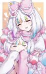  1girl artist_name asymmetrical_legwear bow catkgf character_doll closed_eyes colored_tips commentary_request dated doll dress food frilled_dress frilled_sleeves frills hair_bow highres jogasaki_noah karaoke_manekineko long_hair mahou_shoujo_no_majo_saiban multi-tied_hair multicolored_hair official_alternate_costume open_mouth pink_bow pink_thighhighs polka_dot polka_dot_bow ribbon signature solo streaked_hair sweet_potato thighhighs white_hair white_thighhighs 