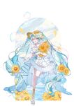  1girl absurdres aqua_eyes aqua_hair aqua_nails bare_shoulders boots bow commentary_request day dress eighth_note field fingerless_gloves flower flower_field full_body gloves hair_between_eyes hair_ornament hand_up hat hat_bow hat_flower hatsune_miku headset high_heel_boots high_heels highres lace-up_boots lake lens_flare long_hair looking_at_viewer magical_mirai_(vocaloid) magical_mirai_miku magical_mirai_miku_(2026) miku_day musical_note musical_note_hair_ornament nagihaha open-toe_boots open_mouth orange_flower outdoors revision ripples smile solo standing standing_on_one_leg straw_hat sun sunflower twintails very_long_hair vocaloid water_butterfly water_drop white_boots white_bow white_dress white_gloves yellow_flower 