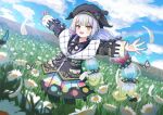  1girl beret black_hat black_jacket black_pantyhose blue_butterfly blue_sky bow bug butterfly cloud collared_shirt colored_tips commentary_request field flower flower_field hat heterochromia highres jacket jacket_partially_removed jogasaki_noah kumu1919 long_hair long_sleeves mahou_shoujo_no_majo_saiban multi-tied_hair multicolored_hair neck_ribbon off_shoulder open_mouth outstretched_arms pantyhose polka_dot polka_dot_bow polka_dot_skirt red_eyes ribbon shirt skirt sky sleeve_bow solo spray_can spread_arms streaked_hair white_flower white_hair white_shirt wide_sleeves yellow_eyes 