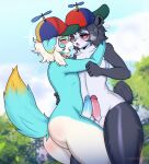 absurd_res anthro balls bear berryguild_(character) black_body blue_body blue_fur blush bodily_fluids butt canid canine canis clothing duo erection femboy fox frottage fur genital_fluids genitals giant_panda hair hat headgear headwear hi_res hug hugging_another kissing looking_pleasured male male/male mammal midriff nude open_mouth orcalx outside penile penis penises_touching piercing propeller_hat purple_eyes saliva saliva_string sex silly standing tail thick_thighs white_body white_fur wide_hips yoko_(sillyliloomfie)