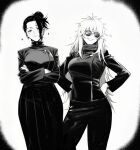  2girls absurdres black_eyes black_hair black_jacket black_pants black_skirt blue_eyes commentary cowboy_shot crossed_arms ear_piercing genderswap genderswap_(mtf) geto_suguru gojo_satoru hair_bun hair_over_one_eye hands_on_own_hips happy highres jacket jujutsu_kaisen jujutsu_tech_uniform long_hair long_skirt looking_at_viewer masoq monochrome multiple_girls pants partially_colored piercing round_eyewear short_hair simple_background single_hair_bun skirt smile solid_eyes sparkle sunglasses teeth untranslatable_commentary white_background white_hair 