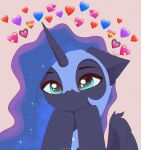 1_horn blue_hair closed_smile digital_drawing_(artwork) digital_media_(artwork) emoji equid equine eyelashes eyeshadow feathered_wings feathers female female_feral feral friendship_is_magic hair hasbro hi_res highlights_(coloring) horn krita_(artwork) makeup mammal monotone_background mouth_closed my_little_pony mythological_creature mythological_equine mythology nightmare_moon_(mlp) nnalyart paintstorm_(artwork) pink_background purple_body purple_eyeshadow purple_highlights purple_horn purple_wings quadruped shaded simple_background smile solo sparkles sparkling_eyes sparkling_hair spiral_horn teal_eyes winged_unicorn wings