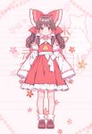  1girl absurdres ascot blush bow brown_hair brown_shoes chinese_commentary closed_mouth commentary_request detached_sleeves frilled_bow frilled_hair_tubes frilled_skirt frills full_body h_hyy32075 hair_bow hair_tubes hakurei_reimu highres loafers long_hair looking_at_viewer pink_background red_bow red_eyes red_skirt ribbon-trimmed_sleeves ribbon_trim shoes skirt skirt_set smile socks solo touhou translation_request white_socks yellow_ascot 