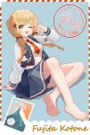  1girl :3 :d ;d absurdres animal_print arm_support asymmetrical_sidelocks barefoot blonde_hair blue_background blue_jacket blue_skirt border braid braided_twintails breasts brown_pupils brown_ribbon campus_mode!!_(idolmaster) cat_print character_name chibi chibi_inset closed_mouth collared_shirt crop_top cropped_jacket cropped_shirt dot_nose downwards_triangle_mouth feet fujita_kotone full_body gakuen_idolmaster hair_intakes hair_ornament hair_over_shoulder hair_ribbon hairclip hand_up highres idolmaster jacket kakyouin2002 knee_up leaning_back legs long_hair long_sleeves looking_at_viewer low_twin_braids medium_breasts midriff miniskirt navel necktie official_alternate_costume one_eye_closed open_clothes open_jacket open_mouth parallel_hairclips pleated_skirt postage_stamp print_jacket red_border red_necktie ribbon shirt sidelocks sitting skirt smile soles solo striped_border tareme toenails triangle_mouth twin_braids v v_over_head w w_over_eye white_border white_shirt yellow_eyes 
