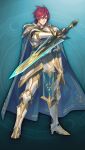  1boy aqua_background aqua_cape armor armored_boots boots cape closed_mouth full_body game_asset gauntlets gold_trim grimms_notes hair_between_eyes holding holding_sword holding_weapon legs_apart looking_at_viewer male_focus non-web_source official_art outstretched_arm red_eyes red_hair serious short_hair sir_lancelot_(grimms_notes) sir_lancelot_(repage)_(grimms_notes) solo spiked_hair standing sword v-shaped_eyebrows weapon white_armor white_boots zaza_(x-can01) 