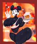 alcohol anthro beer beverage big_breasts big_butt black_body bottomwear breasts butt clothing disney female gloves handwear hat headgear headwear hi_res hooters hooters_uniform huge_breasts huge_butt mammal minnie_mouse mouse murid murine rabbit5gamer rodent shirt shorts solo thick_thighs topwear