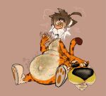 2026 anthro belly big_belly bodily_fluids border cheetah cheetos chester_cheetah clothing cosplay costume eyewear fangs felid feline fur gesture hair half-closed_eyes hand_fan hand_on_head male mammal markings mascot maz_(scudmum) narrowed_eyes navel obese obese_anthro obese_male open_mouth outie_navel overweight overweight_anthro overweight_male pantherine pink_border raised_tail scudmum sitting solo spots spotted_body spotted_fur sunglasses sweat tail teeth tiger waving waving_hand whiskers