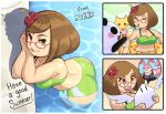  1girl arcade_bunny ass beach bikini blush_stickers bob_cut breasts brown_eyes brown_hair cleavage closed_mouth cocktail cup drink drinking drinking_straw drinking_straw_in_mouth english_text flower food glasses green_bikini hair_flower hair_ornament hibiscus highres holding holding_cup ice_cream ice_cream_cone innertube large_breasts looking_at_viewer medium_breasts navel nikki_(swapnote) nintendo open_mouth panda partially_submerged pool rabbit red-framed_eyewear short_hair smile swapnote sweatdrop swim_ring swimsuit tankini wading water yamouri 