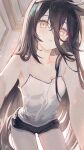  1girl absurdres animal_ears black_hair black_shorts black_tail camisole collarbone commentary_request dolphin_shorts ear_ornament hair_between_eyes highres horse_ears horse_girl horse_tail indoors long_hair long_hair_between_eyes looking_at_viewer manhattan_cafe_(umamusume) outstretched_arms short_shorts shorts solo synzmayu tail thighs umamusume white_camisole yellow_eyes 