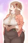7010 abstract_background anthro big_breasts biped bovid bow_ribbon breasts brown_body brown_eyes brown_fur brown_hair caprine clothed clothing female flower fur hair horn jewelry kanae_kunima leg_markings looking_at_viewer mammal markings neck_tuft necklace official_art pink_background plant rose_(flower) sheep simple_background socks_(marking) solo tuft two_beasts_or_not_to_beast white_body white_fur