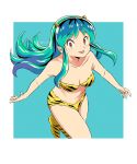  1girl :d animal_print aqua_hair bare_arms bare_shoulders blue_background border bra breasts cleavage collarbone eyelashes floating_hair highres horns kneehighs long_hair lum medium_breasts open_mouth orange_eyes panties pinoko_(pnk623) pointy_ears print_bra print_legwear shiny shiny_hair smile solo strapless strapless_bra tiger_panties tiger_print twitter_username underwear underwear_only urusei_yatsura very_long_hair white_border yellow_bra yellow_legwear yellow_panties 