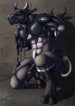 2021 abs absurd_res animal_genitalia animal_penis anthro balls bdsm beady_eyes black_balls black_hooves black_latex black_penis black_pubes bondage bound bovid bovine cattle dated equine_genitalia equine_penis fur genitals grey_body grey_fur half-erect hands_behind_head hi_res hooves horn hornet_(hornetv2) hufnaar inside kneeling latex latex_transformation leg_markings liquid_latex male male_anthro mammal markings muscular muscular_anthro muscular_male penis pubes socks_(marking) solo tail tail_tuft transformation tuft white_body white_fur white_horn