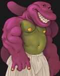 4:5 absurd_res anthro barney barney_and_friends belly black_eyes bottomwear burly clothed clothing colored_nails dinosaur green_belly hi_res lips long_tail male musclegut muscular muscular_arms muscular_male nails nipples pbs pecs pose prehistoric_species purple_body purple_skin ravuer relaxing reptile scalie shirt_off shorts simple_background slightly_chubby slightly_chubby_male smile solo sportswear standing tail teeth thick_arms thick_lips topless yellow_nails yellow_navel yellow_nipples