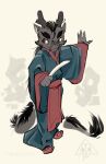 2025 2_horns 4_fingers absurd_res anthro artist_logo asian_clothing biped black_body black_fur chinese_clothing clothed clothed_anthro clothed_male clothing dragon east_asian_clothing eastern_dragon extended_arm fingers fur hanfu hi_res holding_object horn john002021 logo long_tail looking_aside male male_anthro mythological_creature mythological_scalie mythology pelvic_curtain robe sash scalie simple_background solo standing tail tail_mane tail_tuft three-quarter_view tuft whiskers
