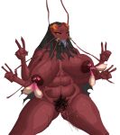 4_arms animal_humanoid antennae_(anatomy) anthro anus areola arthropod arthropod_humanoid belly big_areola big_breasts big_nipples blattodean blue_tongue bodily_fluids body_hair breasts carsen cloak clothing cockroach cockroach_humanoid condom condom_decoration ejaculation eyelashes female filled_condom gaping gaping_vagina genital_fluids genitals gesture hair hairy_armpits hairy_vulva hand_gesture hi_res humanoid insect insect_humanoid jujutsu_kaisen kurourushi mandibles multi_arm multi_limb nipples pubes puffy_areola red_body red_skin saliva saliva_string sexual_barrier_device sharp_teeth solo sweat teeth thick_thighs tongue v_sign vaginal_fluids vaginal_squirting vulva wearing_condom wide_hips