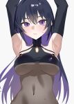  1girl armpits arms_up barcode barcode_tattoo black_hair bodystocking breasts brown_bodystocking closed_mouth colored_inner_hair commentary_request covered_navel covered_underboob endless_(nikke) goddess_of_victory:_nikke highres long_hair looking_at_viewer medium_breasts multicolored_hair purple_eyes purple_hair see-through_bodystocking see-through_clothes solo tattoo two-tone_hair upper_body white_background yu3n 