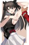  1girl absurdres archer_(fate) archer_(honkai:_star_rail)_(fate) black_hair black_shirt blue_eyes breasts coat commentary dark-skinned_male dark_skin english_commentary fate/stay_night fate_(series) hair_ornament highres honkai:_star_rail honkai_(series) large_breasts long_hair red_coat rey_r31_44 rin's_pendant_(fate) shirt sideboob skirt sleeveless textless_version thighhighs tohsaka_rin tohsaka_rin_(honkai:_star_rail) twintails white_skirt 