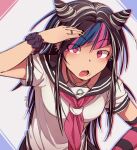  1girl :o anah_41 black_hair black_nails black_scrunchie blue_streaks breasts commentary cone_hair_bun danganronpa_(series) danganronpa_2:_goodbye_despair double_bun ear_piercing english_commentary face_piercing gloves hair_bun hair_horns highres lip_piercing long_hair medium_breasts mioda_ibuki mouth_piercing multicolored_hair neckerchief open_mouth piercing pink_eyes pink_hair pink_neckerchief pink_streaks punk sailor_collar scene_fashion school_uniform scrunchie serafuku shirt short_sleeves single_glove smile solo streaked_hair striped_clothes striped_gloves upper_body white_hair white_streaks wrist_scrunchie 