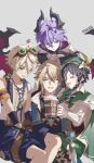  4boys alcohol bandaid bandaid_on_face bandaid_on_nose beer bennett_(genshin_impact) beret black_hair black_shirt blonde_hair blue_hair braid carrying carrying_multiple_people carrying_person closed_eyes commentary_request cup dragon_boy dragon_horns dragon_wings durin_(genshin_impact) feet_out_of_frame flower foam genshin_impact goggles goggles_on_head gradient_hair green-tinted_eyewear green_eyes green_hat grey_background hair_between_eyes hand_on_another's_thigh hat hat_flower highres holding holding_cup horns looking_at_viewer male_focus multicolored_hair multiple_boys open_mouth parted_lips purple_hair scar scar_on_arm shirt short_hair short_hair_with_long_locks simple_background sitting sleeveless sleeveless_shirt smile tankard tinted_eyewear twin_braids twitter_username varka_(genshin_impact) venti_(genshin_impact) vision_(genshin_impact) white_shirt wings yiyiyiyi670 