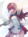  1girl absurdres armor blue_rope commentary_request fire_emblem fire_emblem_fates gloves gold_trim high_collar highres hinoka_(fire_emblem) holding holding_polearm holding_weapon japanese_armor japanese_clothes looking_at_viewer naginata open_mouth polearm red_eyes red_gloves red_hair rope short_hair solo tassel teeth thighhighs weapon yukiyana 