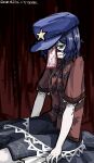  1girl absurdres artist_name black_ribbon black_shirt commentary_request dated hat hat_ornament highres jiangshi lace-trimmed_sleeves lace_trim miyako_yoshika neck_ribbon ofuda one-hour_drawing_challenge purple_eyes purple_hair purple_hat red_shirt ribbon shirt short_sleeves sitting solo star_(symbol) star_hat_ornament touhou ve1024 