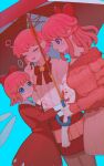  ... 3girls arm_hug blue_background blue_eyes blush bow bowtie brooch center_frills chuchu_(kirby) closed_mouth commentary cowboy_shot detached_wings dress dutch_angle film_grain finger_to_cheek frilled_shirt frills girl_sandwich glint hair_bow hand_up heart heart_in_eye highres holding holding_umbrella hug jewelry kanafumi_(spindle) kirby kirby_(series) long_sleeves looking_at_another medium_hair middle_ring multiple_girls neck_ribbon open_mouth pantyhose personification pink_hair pink_skirt pleated_skirt pointy_ears puffy_short_sleeves puffy_sleeves red_bow red_bowtie red_dress red_ribbon red_skirt red_sweater red_umbrella ribbed_sweater ribbon ribbon_(kirby) ring sandwiched scratching_cheek shared_umbrella shirt short_hair short_sleeves simple_background skirt sleeves_past_wrists smile speech_bubble spoken_ellipsis standing star_(symbol) star_in_eye sweatdrop sweater symbol_in_eye umbrella untranslatable_commentary white_shirt wings yuri 