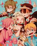  2girls 3boys anah_41 blonde_hair blue_background blue_eyes blue_shirt blush bow bowtie brown_hair commentary cowboy_shot english_commentary gakuran gakuseibou girly_boy glasses green_hair grin hair_between_eyes hair_ornament hair_over_one_eye hanako_(jibaku_shounen_hanako-kun) hat highres holding holding_hands holding_staff jacket jibaku_shounen_hanako-kun jitome long_hair long_sleeves looking_at_viewer low_twintails minamoto_kou mitsuba_sousuke multicolored_hair multiple_boys multiple_girls nanamine_sakura open_mouth pink_eyes pink_hair ponytail school_uniform serafuku shirt short_hair short_ponytail simple_background sleeves_past_fingers sleeves_past_wrists smile staff twintails yashiro_nene yellow_eyes 
