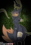 absurd_res amputee anthro bandage bandaged_arm bandaged_leg big_tail black_body black_fur blood blush bodily_fluids canid canine casualties:_unknown colored_blood disability ditzy_pup expie_(gunsawian) female fur genitals gunsawian hanging_by_arms heart_(marking) hi_res hybrid mammal markings missing_arm nervous nervous_sweat nude pixelated_background pointy_ears restrained restrained_by_tentacles scar solo sweat tail tentacles unusual_blood unusual_bodily_fluids vulva yellow_blood