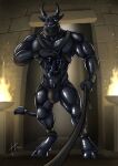 2021 abs anthro beady_eyes black_body black_clothing black_harness black_horn black_jockstrap black_latex black_tail black_underwear bovid bovine cattle clothing dated fire harness hi_res holding_leash holding_mask holding_object horn hornet_(hornetv2) hufnaar inside jockstrap latex latex_creature leash male male_anthro mammal muscular muscular_anthro muscular_male pecs solo standing tail underwear