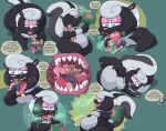 all_fours anthro belly beverage beverage_can big_belly big_tail black_body black_fur bodily_fluids burping cherub_(pastelass clothed clothing collar dialogue digestion digital_media_(artwork) drinking duo english_text female fur gulpspooky hair hi_res larger_pred licking licking_prey male male/female mammal mephitid micro mouse mouse_(gulpspooky) murid murine nude open_mouth oral_vore overweight paws rodent rumbling_stomach saliva simple_background size_difference skunk soda spiral spiral_eyes tail teeth text thick_thighs tongue vore white_body