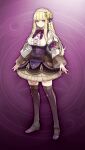  1girl a-pose blonde_hair braid breasts brown_skirt brown_thighhighs buttons closed_mouth corset full_body game_asset green_eyes grimms_echoes grimms_notes hosato_mikine juliet_sleeves large_breasts long_hair long_sidelocks long_sleeves neck_ribbon non-web_source official_art puffy_sleeves purple_background purple_corset purple_ribbon purple_shoes ribbon shirt shoes sidelocks single_braid skirt solo standing theta_(grimms_echoes) thighhighs white_shirt 