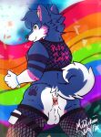 anus butt canid canine canis clothing crop_top domestic_dog fishnet_clothing hi_res husky lgbt_pride lgbt_pride_month male mammal mrdarknesswolf neillen nordic_sled_dog piercing presenting pride_color_flag pride_colors rear_view shirt solo spitz topwear
