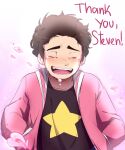  1boy :d anah_41 animification black_shirt blush brown_hair closed_eyes commentary crying curly_hair english_commentary english_text hands_in_pockets highres jacket male_focus open_clothes open_jacket petals pink_jacket print_shirt shirt short_hair sketch smile solo star_(symbol) star_print steven_quartz_universe steven_universe thank_you thick_eyebrows upper_body 