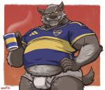2026 absurd_res anthro barazoku beer_belly belly biceps big_belly big_bulge big_muscles blue_clothing blue_shirt blue_topwear boomer_(nanoff) briefs bulge canid canine canis clothed clothing coffee_mug eyebrows facial_hair fur grey_body grey_fur grin hand_on_hip hi_res holding_coffee_mug male mammal manly mature_anthro mature_male musclegut muscular muscular_anthro muscular_arms muscular_male muscular_thighs mustache nanoff overweight overweight_male pantsless pantsless_anthro pantsless_male partially_clothed partially_clothed_anthro partially_clothed_male presenting presenting_belly presenting_body presenting_bulge raised_eyebrow shirt smile smirk smug smug_expression smug_eyes smug_face smug_grin soccer soccer_jersey soccer_uniform solo sport sportswear standing steam tail thick_arms thick_thighs tight_clothing tight_shirt tight_topwear tight_underwear tightey_whities tighty_whities topwear underwear uniform white_body white_briefs white_clothing white_fur white_underwear wolf yellow_sclera