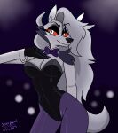 2024 anthro artist_name black_clothing black_eyelids black_leotard bow_tie breasts bunny_costume canid canid_demon canine cleavage clothed clothed_anthro clothed_female clothing costume dated demon female fur grey_body grey_fur hair hellaverse hellhound helluva_boss hi_res leggings legwear leotard long_hair loona_(helluva_boss) mammal mythological_canine mythological_creature mythology portrait pupils purple_bow_tie purple_clothing purple_leggings purple_legwear red_sclera slit_pupils solo starpaintart strapless_clothing strapless_leotard text three-quarter_portrait white_body white_eyes white_fur white_hair