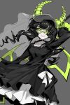  1girl black_dress black_rock_shooter commentary dead_master demon_girl demon_horns dress glasses green_eyes grey_background highres holding holding_scythe holding_weapon horns looking_at_viewer lunay scythe short_hair_with_long_locks solo veil weapon 