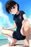  absurdres bangs barefoot black_hair black_swimsuit blurry blurry_background blush breasts brown_eyes chain-link_fence cloud commentary competition_swimsuit diving_block fence hair_strand hands_on_own_legs highres looking_at_viewer matsunaga_kouyou nose_blush one-piece_swimsuit original parted_lips short_twintails sky small_breasts spread_legs squatting swimsuit twintails 