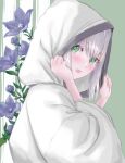  1girl bangs blush coat eyebrows_visible_through_hair fate_(series) flower gray_(fate) green_eyes hair_between_eyes highres hood hood_up hooded_coat long_sleeves looking_at_viewer lord_el-melloi_ii_case_files maru_(pjnh8882) medium_hair open_mouth purple_flower shiny shiny_hair solo upper_body white_coat white_hair 