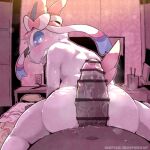 1:1 2026 ambiguous_gender anthro bed blush bodily_fluids butt censored censored_genitalia censored_penis clenched duo eeveelution electronics embarrassed erection first_person_view fur furniture generation_6_pokemon genitals hi_res imminent_sex inside japanese_description looking_at_viewer looking_back looking_back_at_viewer male male/ambiguous moesouna_gomi navel nintendo on_bed penis pokemon pokemon_(species) sweat sylveon television vein veiny_penis white_body white_fur