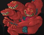 3_heads 5:4 absurd_res anthro armpit_hair balls body_hair caricature chest_tuft colored_nails european_mythology feet flaccid fur genitals greek_mythology green_lips green_pubes hairy hairy_balls hand_behind_head hi_res holding_leg hydra lips long_feet long_legs long_neck male multi_head muscular muscular_male mythology nails nipples penis pubes ravuer red_body red_fur red_skin sharp_teeth showing_armpit silly_face simple_background sitting smile solo tall teeth tuft violent_femmes yellow_eyes yellow_nails yellow_nipples