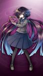  1girl artist_request bandaged_hand bandages black_hair blue_skirt book brown_shoes collarbone empty_eyes game_asset gradient_hair grey_sweater grimms_notes grimms_notes_gakuen hands_up holding holding_book long_hair looking_at_viewer low_twintails multicolored_hair non-web_source official_art open_book pale_skin parody pleated_skirt pointy_ears purple_background red_eyes shakuna_lilybell_(gakuen)_(grimms_notes) shakuna_lilybell_(grimms_notes) shoes skirt solo standing style_parody sweater twintails very_long_hair 