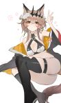  1girl absurdres animal_ears arknights armpits ass bare_shoulders black_jacket black_shirt black_tiara blush boots breasts brown_eyes brown_hair cat_ears cat_tail cleavage collar commentary crop_top crossed_bangs english_text flower hair_flower hair_ornament hair_vines highres jacket kneehighs large_breasts light_frown looking_at_viewer medium_hair off_shoulder orange_jacket panties red_pupils ren_er_nu_zi_kou_gui shirt sideboob single_boot single_kneehigh single_sock single_thigh_boot skindentation socks solo tail thigh_boots thigh_strap thighs tiara two-sided_fabric two-sided_jacket underwear untranslatable_commentary v vendela_(arknights) white_background white_collar white_panties 