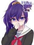  1girl @_@ asahina_mafuyu black_cardigan cardigan commentary_request covering_own_mouth grey_shirt hair_between_eyes hair_ornament hair_over_shoulder hair_scrunchie hand_over_own_mouth hand_up long_hair long_sleeves looking_at_viewer miyamasuzaka_girls'_academy_school_uniform neckerchief open_cardigan open_clothes ponytail project_sekai purple_eyes purple_hair red_neckerchief reference_inset sailor_collar school_uniform scrunchie serafuku shaded_face shirt sibuki_7040 sidelocks simple_background sleeves_past_wrists solo sweat upper_body white_background white_sailor_collar 