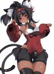  :&lt; animal_ear_fluff animal_ears bell black_hair black_shorts blush breasts cat_ears cat_girl cat_tail character_request closed_mouth covered_navel dark-skinned_female dark_skin detached_sleeves facial_mark forehead_mark high_ponytail highres hip_vent looking_at_viewer multiple_tails neck_bell paw_pose paw_print ponytail red_eyes shorts simple_background small_breasts solo tail two_tails white_background yukiri_(l_ii) zenless_zone_zero 
