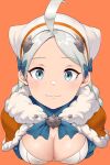  1girl absurdres ahoge alternate_costume annette_fantine_dominic annette_fantine_dominic_(cosplay) bangs blue_eyes bow braid breasts cleavage closed_mouth commission commissioner_upload cosplay eyebrows_visible_through_hair fire_emblem fire_emblem:_three_houses fire_emblem_fates fire_emblem_warriors:_three_hopes fluffy grey_hair highres igni_tion looking_at_viewer medium_breasts nina_(fire_emblem) non-web_source orange_background solo twin_braids upper_body 