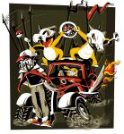  1boy ash_ketchum baseball_cap black_hair bone can crossover cubone driving fire flag hat highres holding holding_bone holding_can kuitsuku mad_max mad_max:_fury_road marowak motor_vehicle parody pikachu poke_ball poke_ball_(basic) pokemon pokemon_(creature) pokemon_focus polearm smile spear truck weapon wheel 