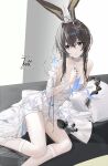  0dd 1girl absurdres ambience_synesthesia amiya_(ambience_synesthesia_2025)_(arknights) amiya_(arknights) animal_ears arknights choker collarbone commentary crown doctor_(arknights) doll dress hair_between_eyes highres long_hair looking_at_viewer official_alternate_costume simple_background solo thighhighs watermark white_dress 
