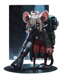 2025 4_fingers ahoge alley anthro backpack bangs big_ears bottomless bottomless_anthro bottomless_female clothed clothing colored countershading cybernetic_leg cybernetic_limb detailed digital_drawing_(artwork) digital_media_(artwork) eyebrows featureless_crotch female female_anthro fingers full-length_portrait gas_mask glistening glistening_eyes grey_eyes gun hair hair_over_eye hi_res holding_gun holding_object holding_ranged_weapon holding_weapon jacket jacket_only jewelry long_bangs looking_at_viewer mammal mask messy_hair murid murine necklace one_eye_obstructed pegleg pocket_(polygoncherub) polygoncherub portrait pose ranged_weapon rat red_body robot_anthro rodent segmented_tail shaded side_bangs simple_background solo standing topwear topwear_only weapon white_hair