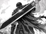  1boy bandages berserk cloak dragonslayer_(sword) greatsword guts_(berserk) highres holding holding_sword holding_weapon hood hooded_cloak huge_weapon male_focus muscular muscular_male prosthesis prosthetic_arm solo sword ugo_000000 weapon weapon_on_back 
