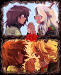 1girl 1other animal_ears antlers bags_under_eyes black_eyes blonde_hair brown_hair clambuoyance commentary crazy_eyes crazy_smile crying deer_antlers deer_ears deer_girl deltarune english_commentary flower furry furry_female highres holding_hands horns kris_(deltarune) long_hair messy_hair noelle_holiday open_mouth plant red_eyes red_flower red_rose rose short_hair smile spoilers thorns utdr_(toby_fox) vines weird_route_(deltarune) 